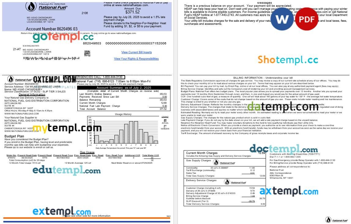 USA National Fuel gas utility bill in Word and PDF format