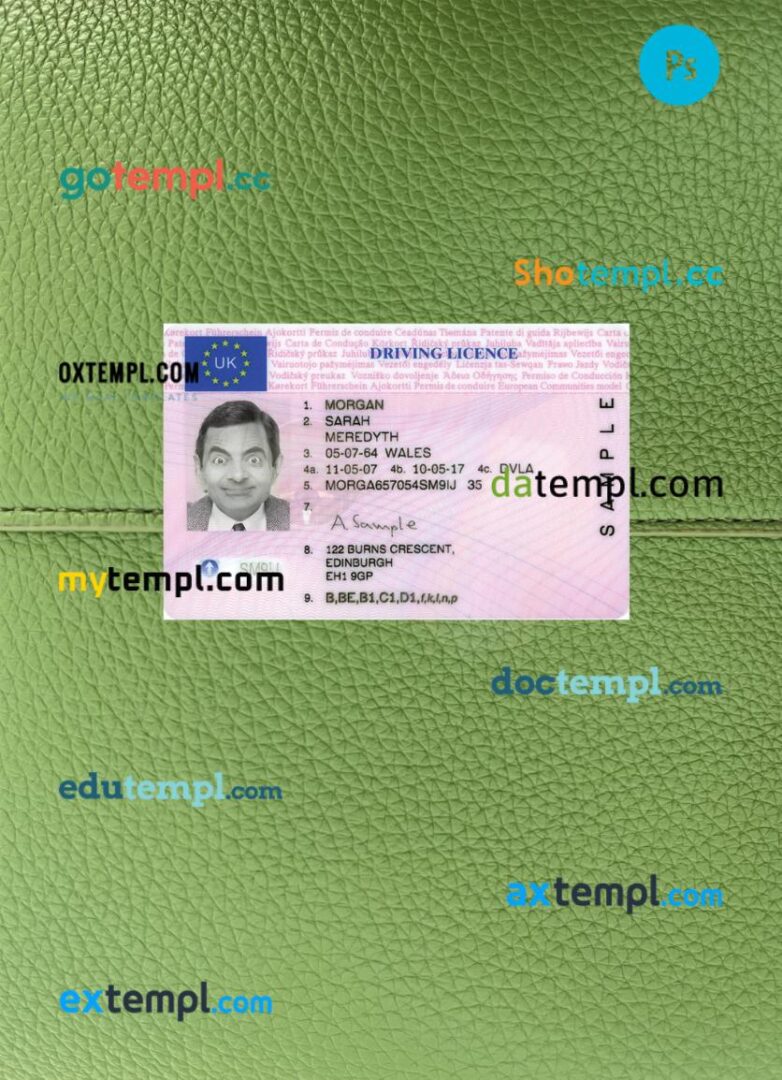 United Kingdom driving license PSD files, scan look and photographed image, 2 in 1, 2007-present