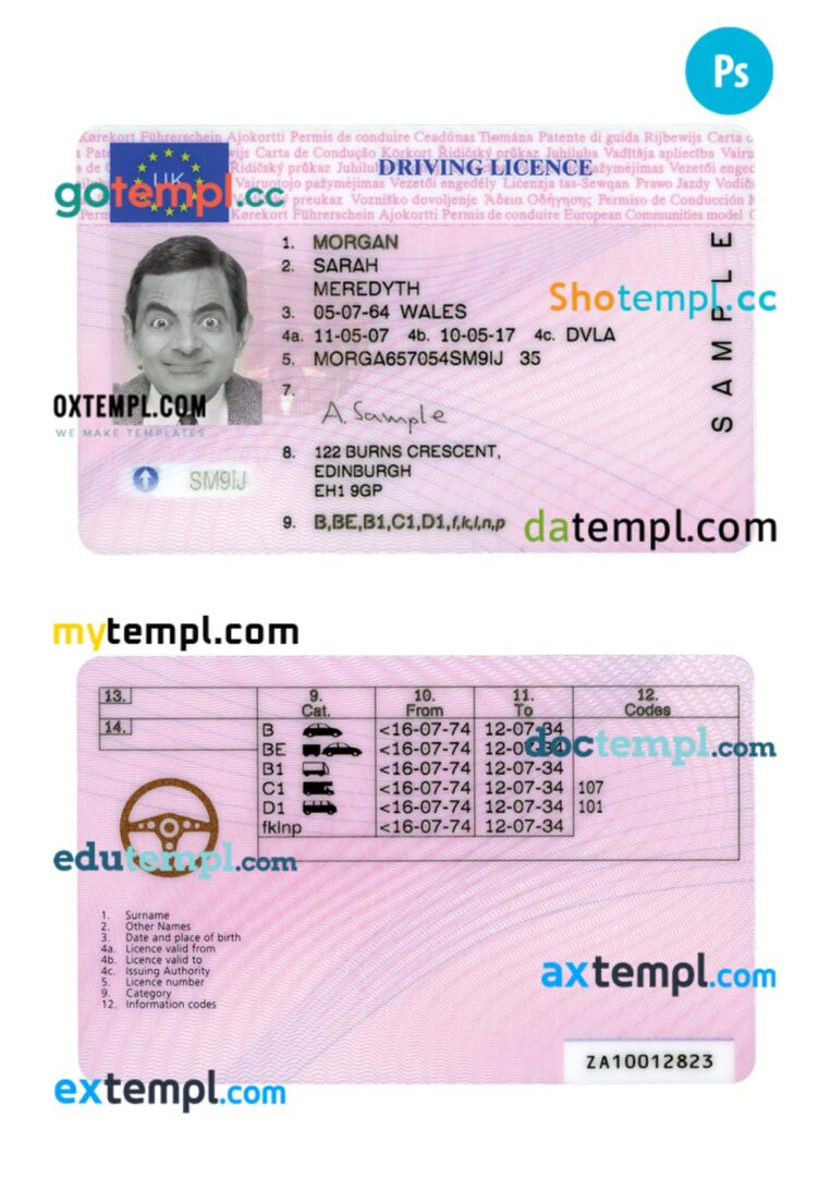 United Kingdom driving license PSD editable template, 2007-present