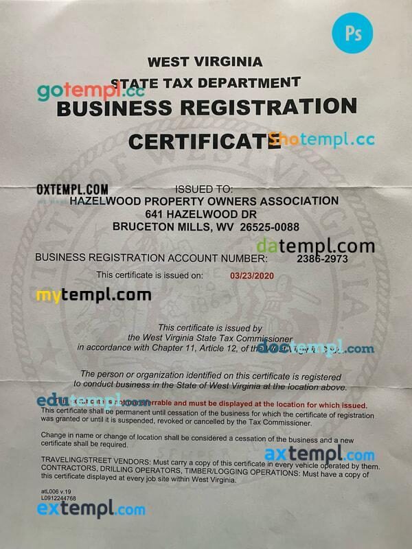 West Virginia business registration certificate PSD template