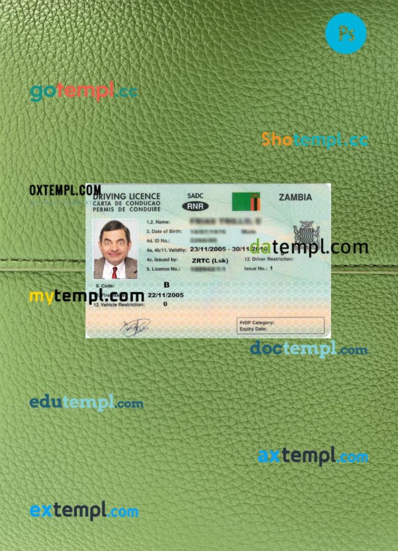Zambia driving license PSD files, scan look and photographed image, 2 in 1, version 2