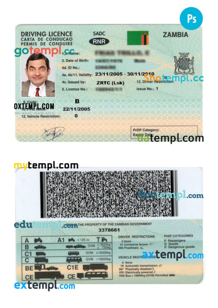 Zambia driving license PSD editable template, version 2